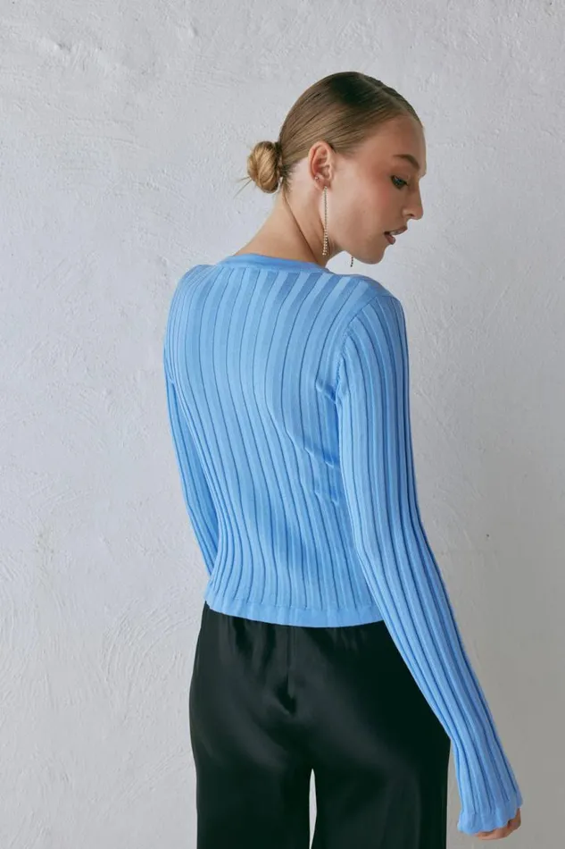 VRG GRL Hattie Knit Top Blue Women Long Sleeve