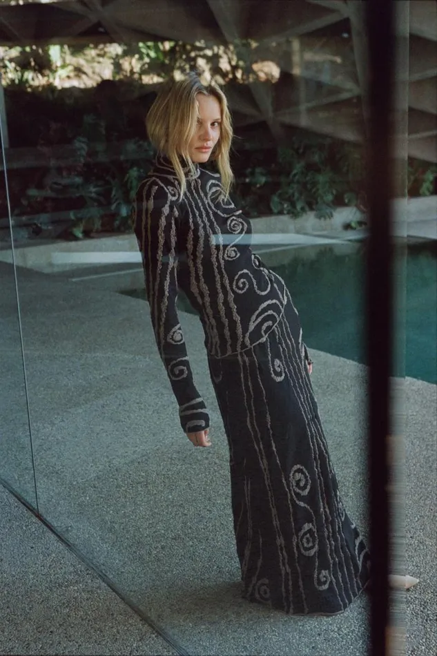 VRG GRL Ivy Muse Knit Maxi Skirt Black Swirl Women Skirts
