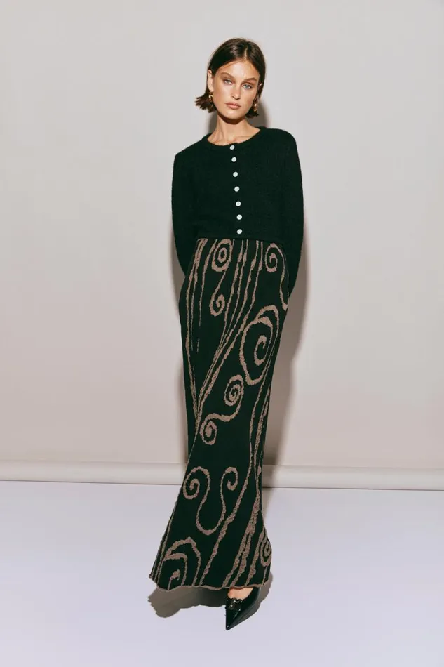 VRG GRL Ivy Muse Knit Maxi Skirt Black Swirl Women Skirts