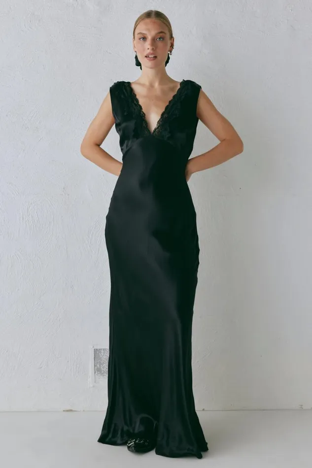 VRG GRL Tully Satin Maxi Dress Black Women MidiMaxi Dresses