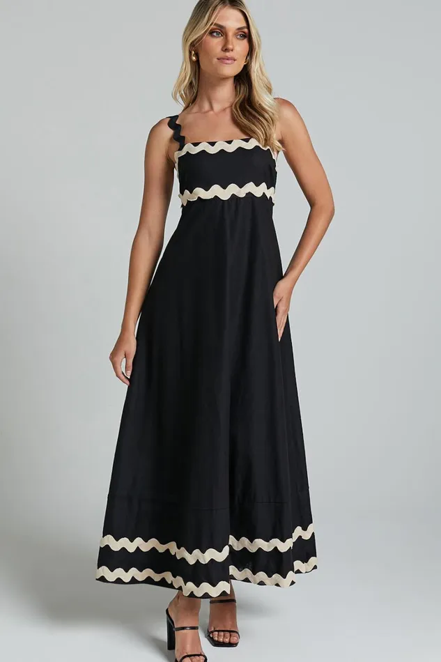Wenalyn Midi Dress 8211 Straight Neck Wave Detail A Line Dress In Black With Beige Contrast Trim Women Showpo Dresses Wenalyn Midi Dress 8211 Straight Neck Wave Detail A Line Dress In Black With Beige Contrast Trim Women Showpo Dresses