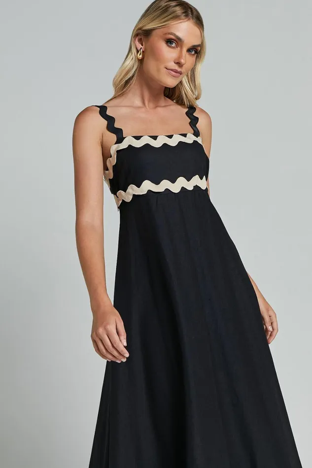 Wenalyn Midi Dress 8211 Straight Neck Wave Detail A Line Dress In Black With Beige Contrast Trim Women Showpo Dresses