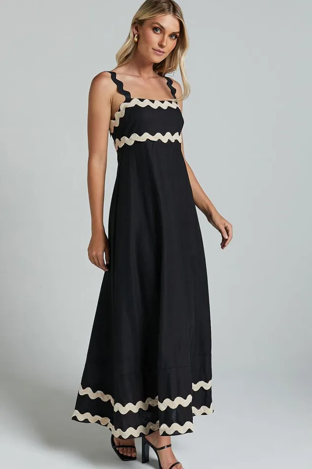 Wenalyn Midi Dress 8211 Straight Neck Wave Detail A Line Dress In Black With Beige Contrast Trim Women Showpo Dresses