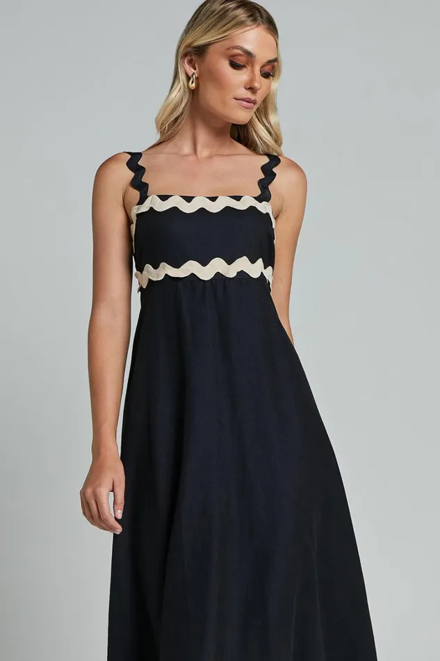 Wenalyn Midi Dress 8211 Straight Neck Wave Detail A Line Dress In Black With Beige Contrast Trim Women Showpo Dresses