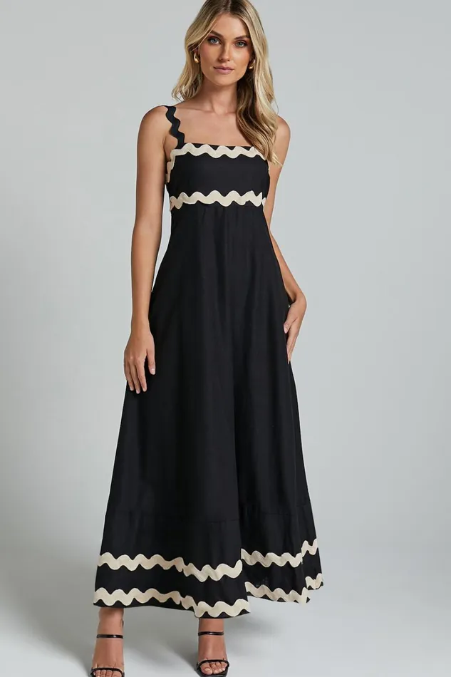 Wenalyn Midi Dress 8211 Straight Neck Wave Detail A Line Dress In Black With Beige Contrast Trim Women Showpo Dresses