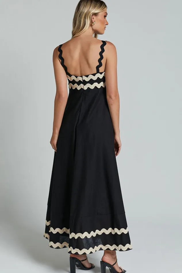 Wenalyn Midi Dress 8211 Straight Neck Wave Detail A Line Dress In Black With Beige Contrast Trim Women Showpo Dresses