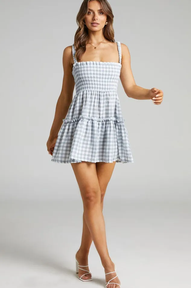 Wilda Mini Dress 8211 Shirred Tiered Dress In Light Blue Gingham Women Showpo Curve Clothes