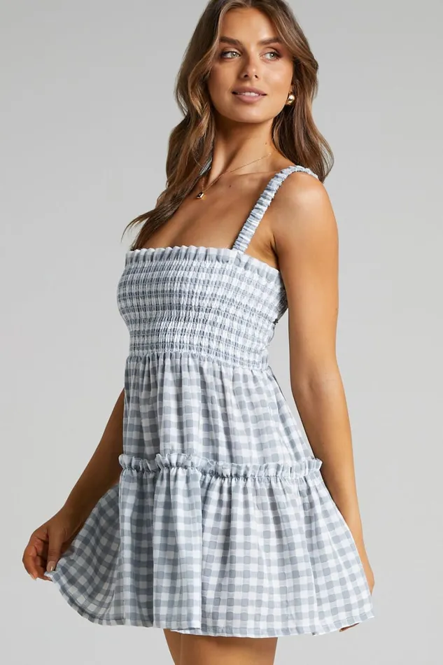 Wilda Mini Dress 8211 Shirred Tiered Dress In Light Blue Gingham Women Showpo Curve Clothes