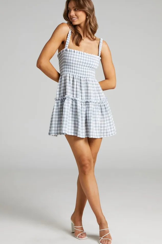 Wilda Mini Dress 8211 Shirred Tiered Dress In Light Blue Gingham Women Showpo Curve Clothes