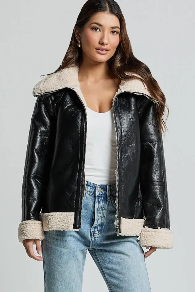Willa Jacket 8211 Faux Leather Shearling Aviator Jacket In Black Women Showpo Jackets and Coats