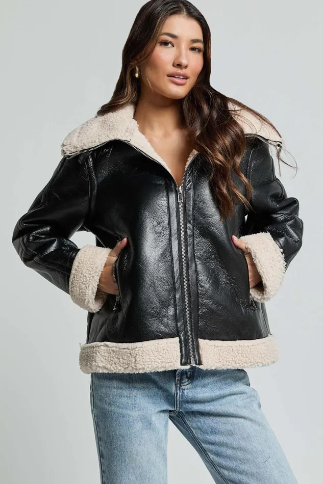 Willa Jacket 8211 Faux Leather Shearling Aviator Jacket In Black Women Showpo Jackets and Coats
