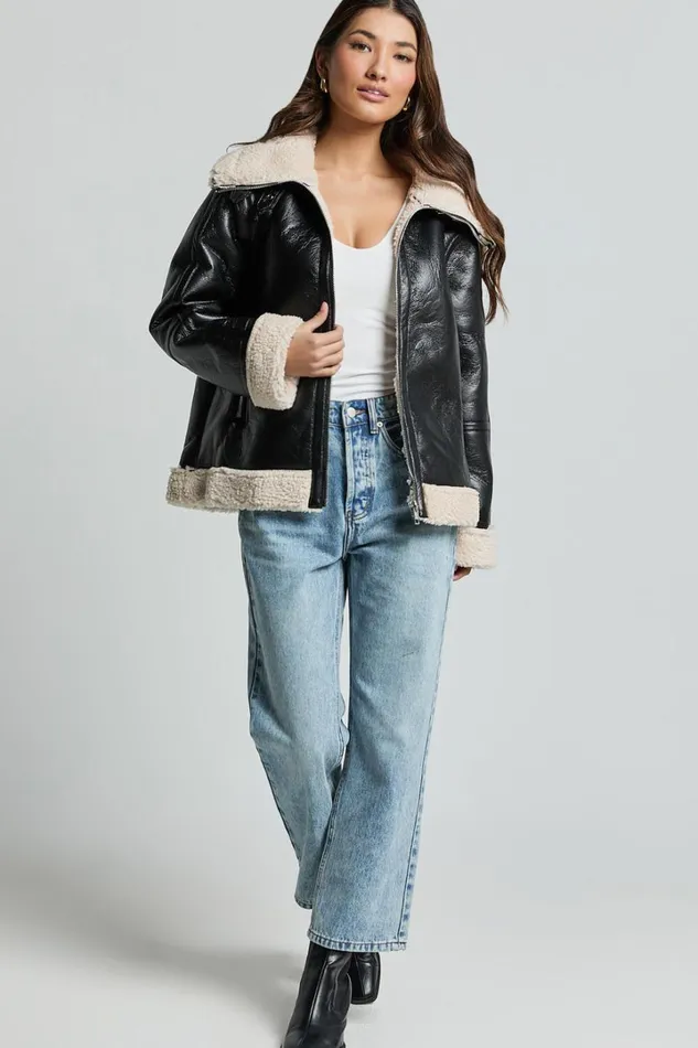 Willa Jacket 8211 Faux Leather Shearling Aviator Jacket In Black Women Showpo Jackets and Coats