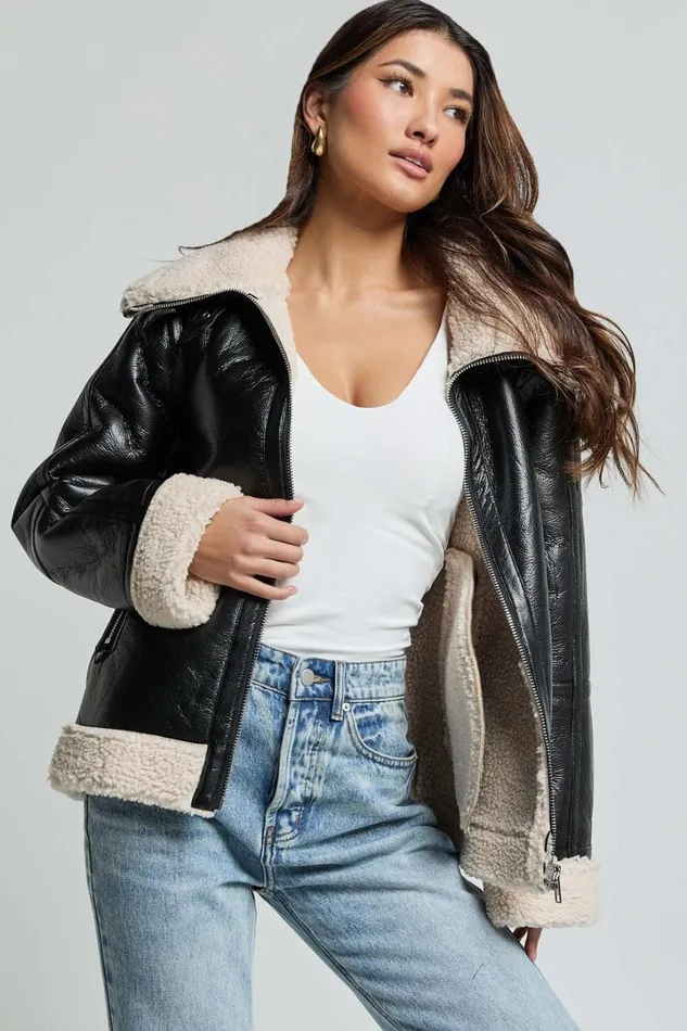 Willa Jacket 8211 Faux Leather Shearling Aviator Jacket In Black Women Showpo Jackets and Coats