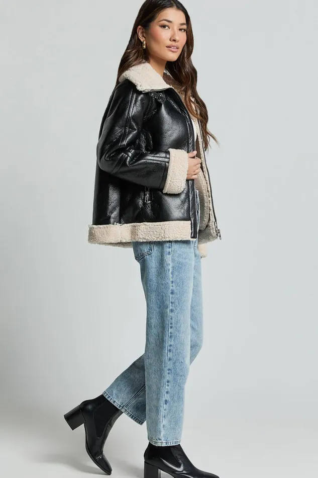 Willa Jacket 8211 Faux Leather Shearling Aviator Jacket In Black Women Showpo Jackets and Coats