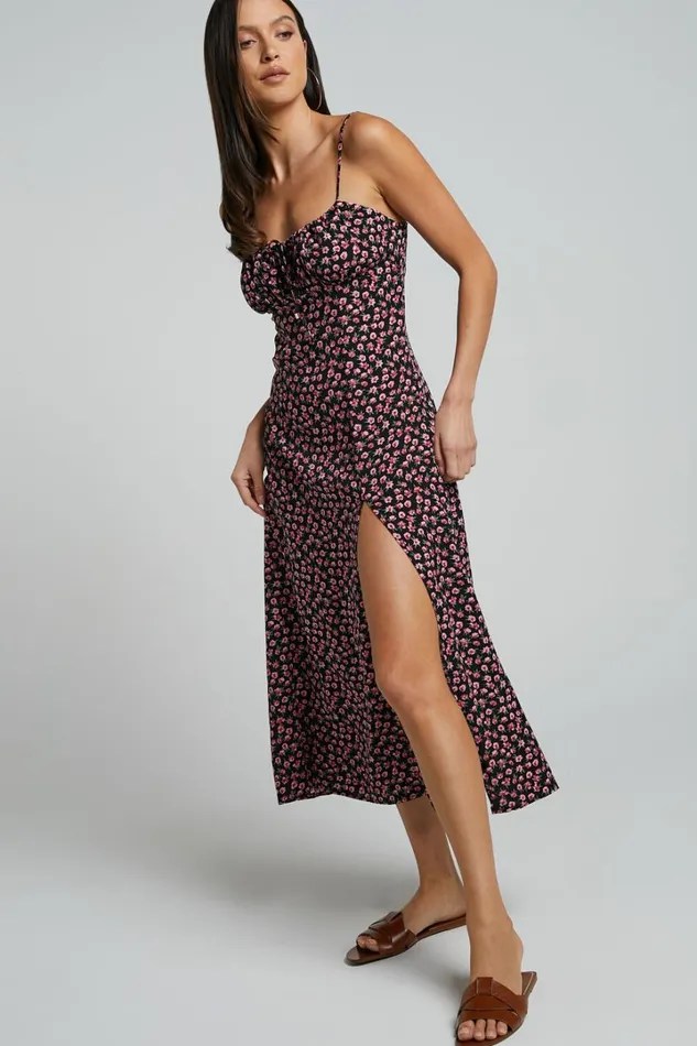 Willa Midi Dress 8211 Ruched Bust Thigh Split Dress In Black Floral Women Showpo Conscious