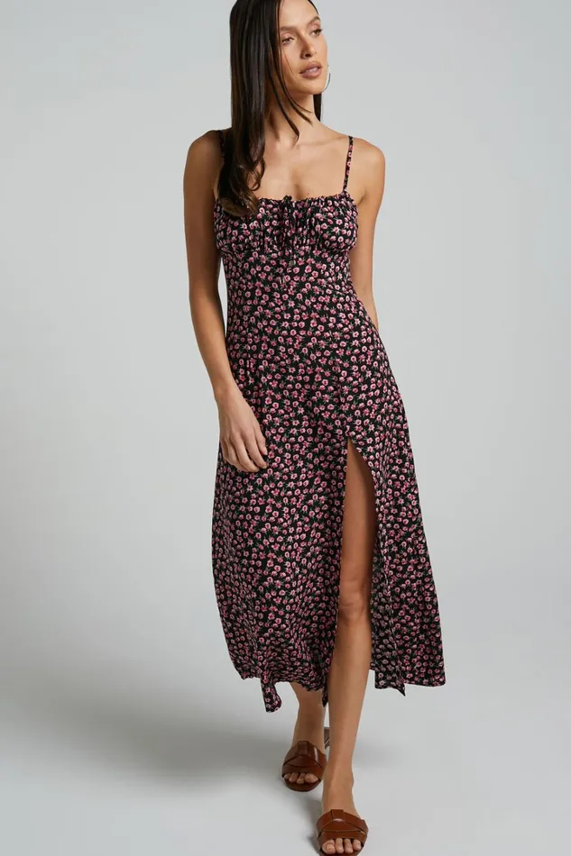 Willa Midi Dress 8211 Ruched Bust Thigh Split Dress In Black Floral Women Showpo Conscious