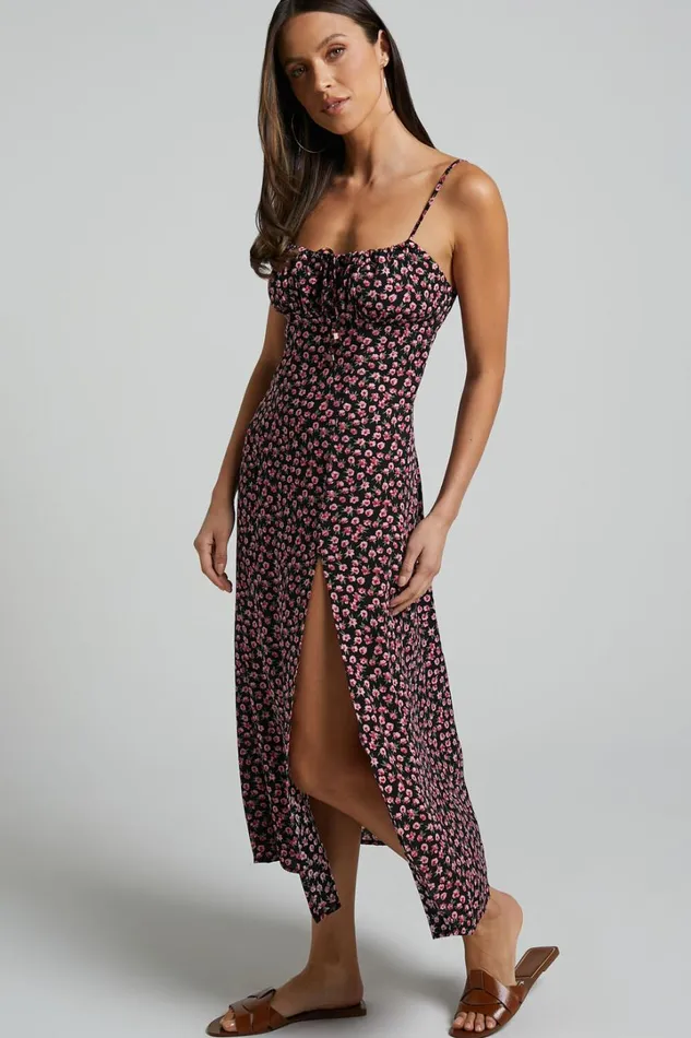 Willa Midi Dress 8211 Ruched Bust Thigh Split Dress In Black Floral Women Showpo Conscious