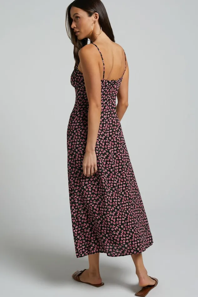 Willa Midi Dress 8211 Ruched Bust Thigh Split Dress In Black Floral Women Showpo Conscious