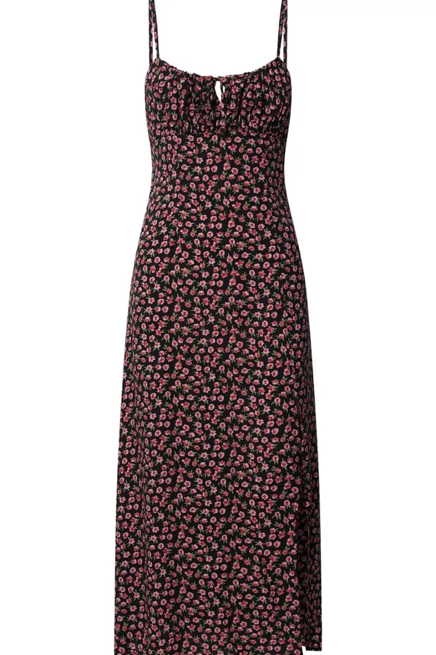 Willa Midi Dress 8211 Ruched Bust Thigh Split Dress In Black Floral Women Showpo Conscious
