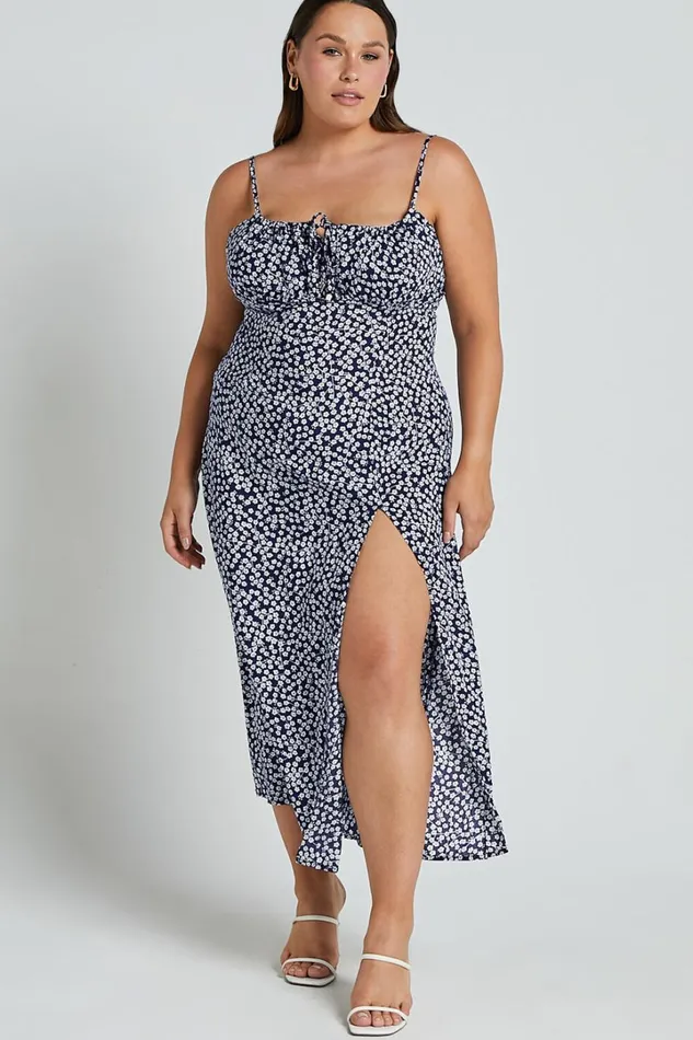 Willa Midi Dress 8211 Ruched Bust Thigh Split Dress In Blue Floral Women Showpo Curve Clothes