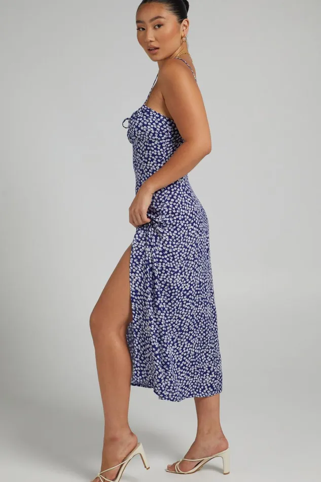 Willa Midi Dress 8211 Ruched Bust Thigh Split Dress In Blue Floral Women Showpo Curve Clothes