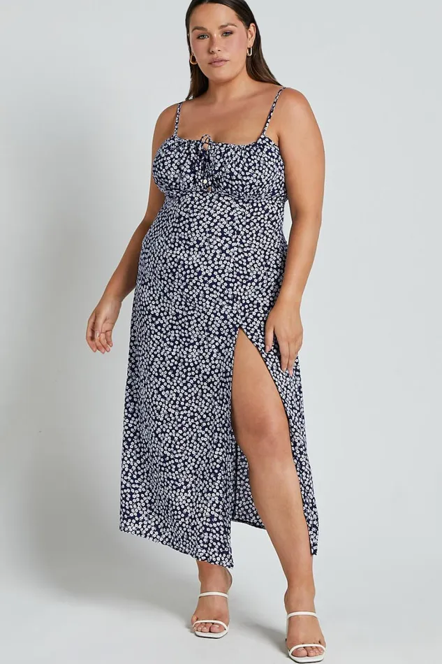 Willa Midi Dress 8211 Ruched Bust Thigh Split Dress In Blue Floral Women Showpo Curve Clothes