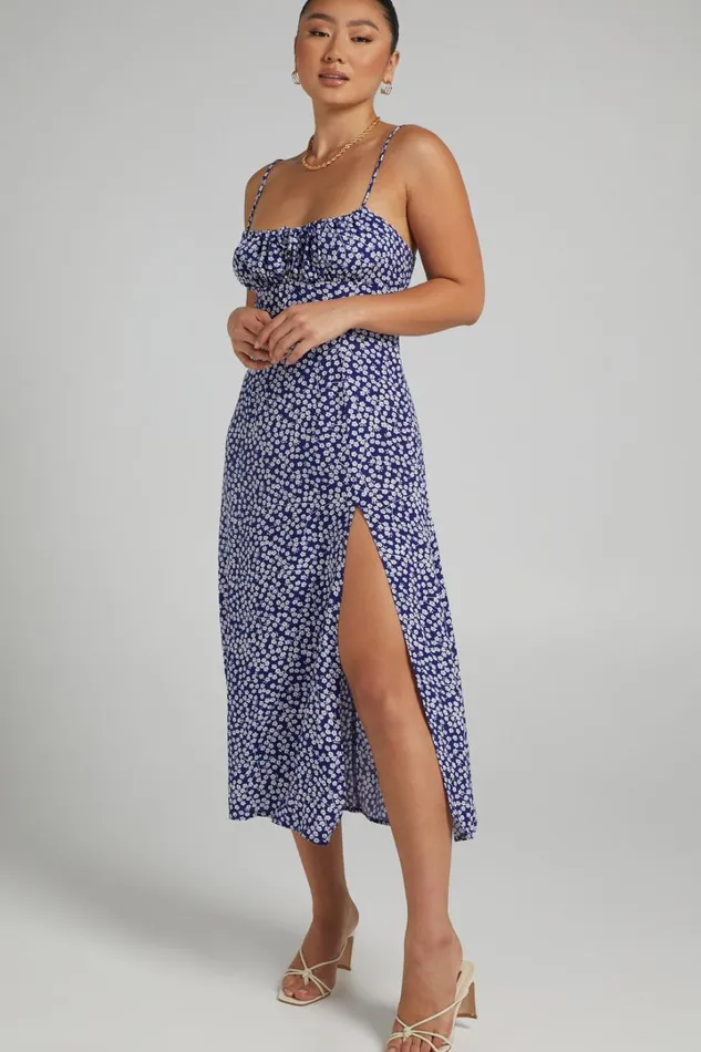 Willa Midi Dress 8211 Ruched Bust Thigh Split Dress In Blue Floral Women Showpo Curve Clothes
