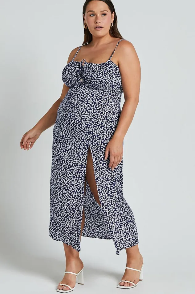 Willa Midi Dress 8211 Ruched Bust Thigh Split Dress In Blue Floral Women Showpo Curve Clothes