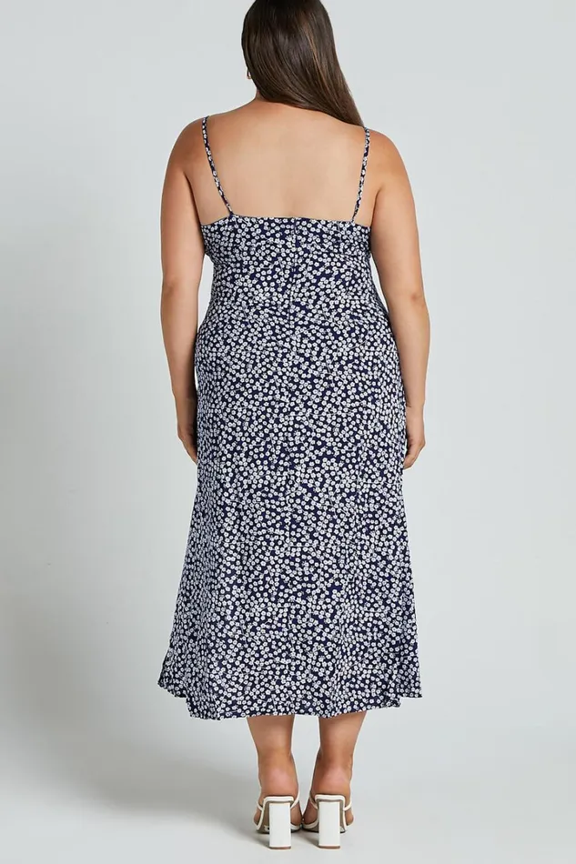 Willa Midi Dress 8211 Ruched Bust Thigh Split Dress In Blue Floral Women Showpo Curve Clothes