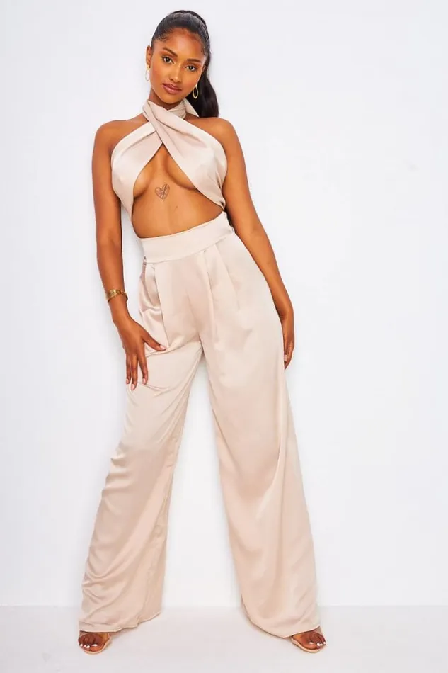 Women 2 Piece CoOrd Satin Set Wrap Top With Halter Neck Trousers In Beige Beige Brentiny Paris Satin Tops