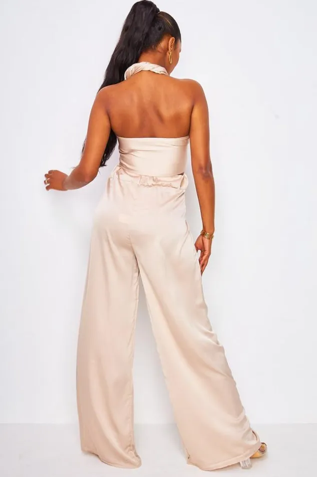 Women 2 Piece CoOrd Satin Set Wrap Top With Halter Neck Trousers In Beige Beige Brentiny Paris Satin Tops