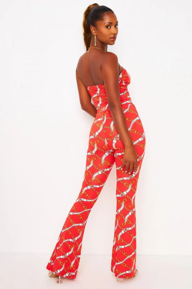 Women 2 Piece CoOrd Set Chain Print Bustier Top Trousers In Red Red Brentiny Paris Lace Tops