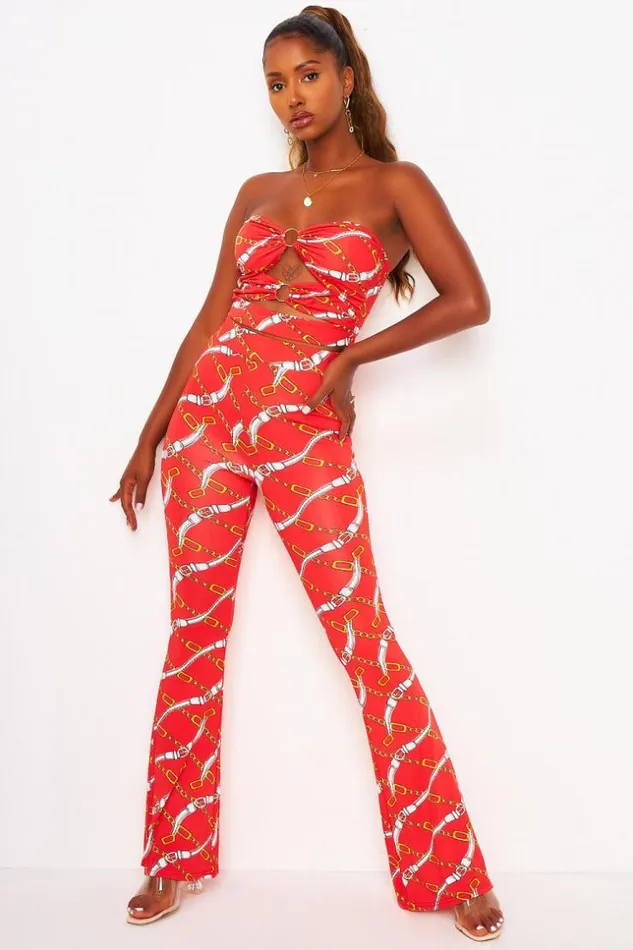 Women 2 Piece CoOrd Set Chain Print Bustier Top Trousers In Red Red Brentiny Paris Lace Tops
