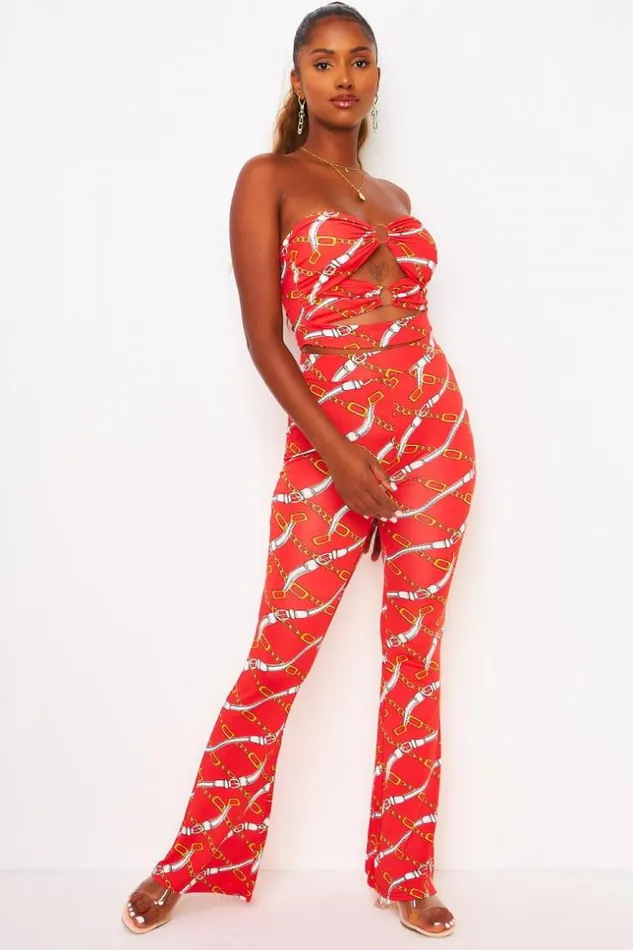 Women 2 Piece CoOrd Set Chain Print Bustier Top Trousers In Red Red Brentiny Paris Lace Tops