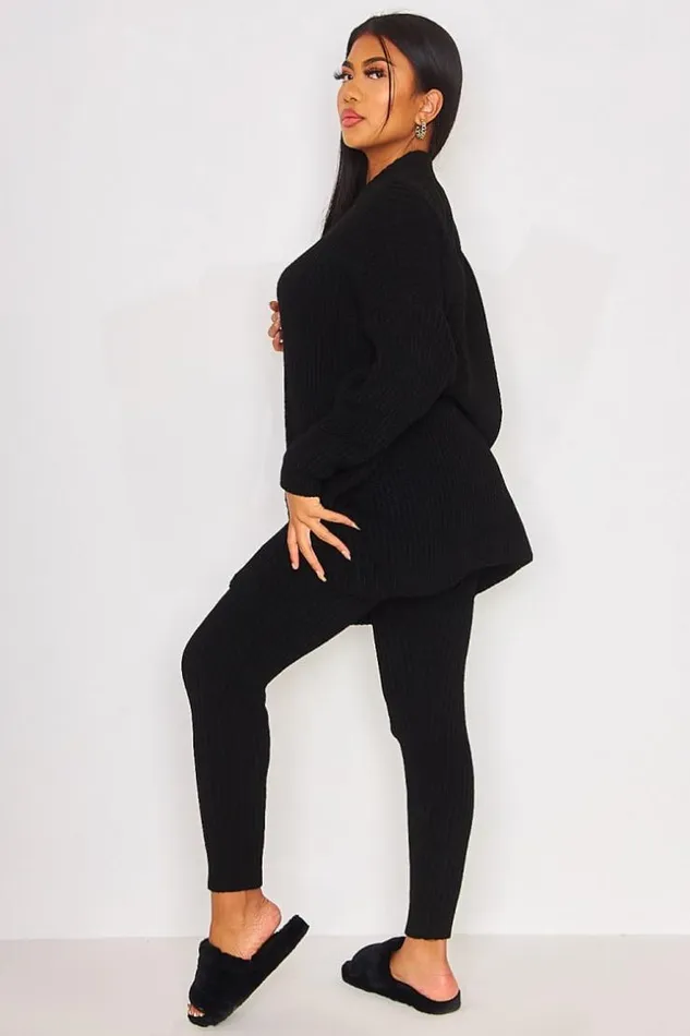 Women 2 Piece CoOrd Set Knitted Cardigan Trousers In Black Black Brentiny Paris Cardigans