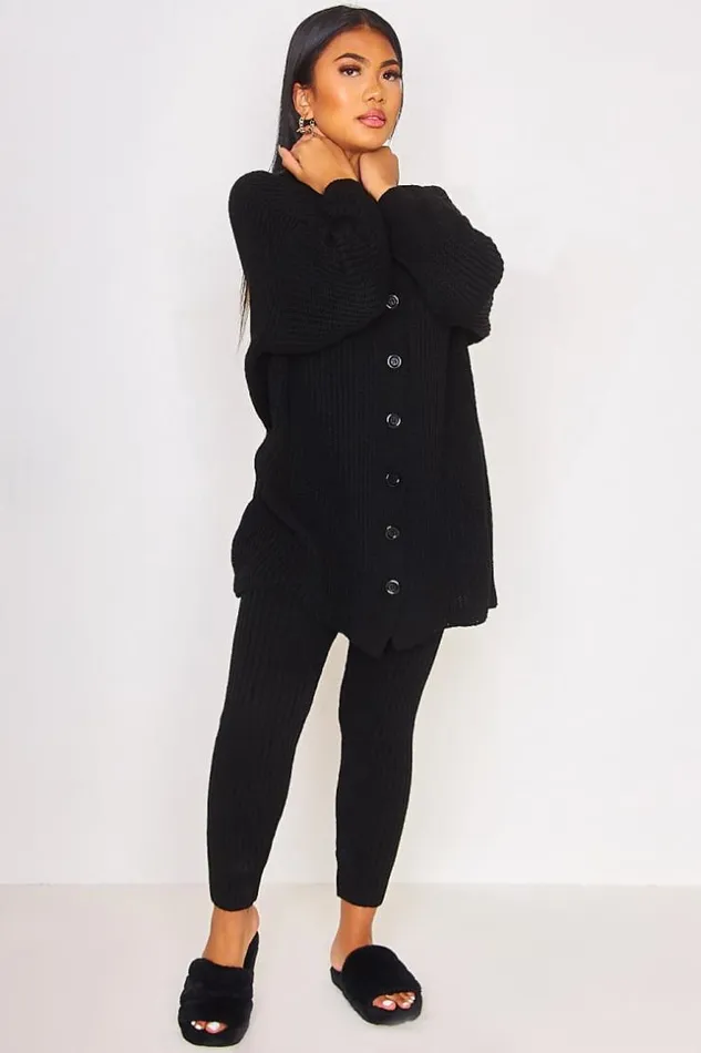 Women 2 Piece CoOrd Set Knitted Cardigan Trousers In Black Black Brentiny Paris Cardigans