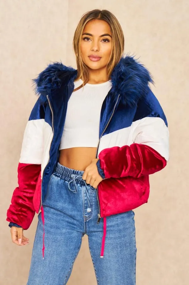 Women 3 Colour Velvet Puffer Jacket Blue Brentiny Paris Parkas And Down Jackets