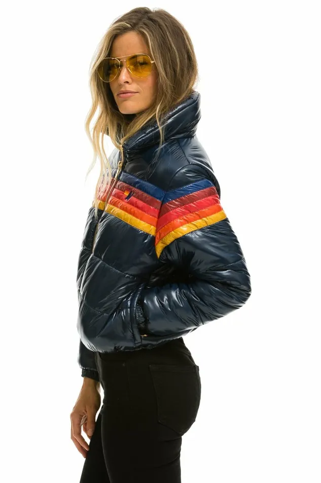 Women 5 STRIPE LUXE APRES PUFFER JACKET 8211 GLOSSY NAVY Aviator Nation Outerwear Women 5 STRIPE LUXE APRES PUFFER JACKET 8211 GLOSSY NAVY Aviator Nation Outerwear