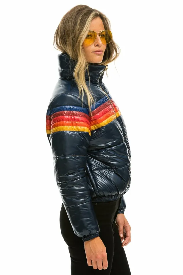 Women 5 STRIPE LUXE APRES PUFFER JACKET 8211 GLOSSY NAVY Aviator Nation Outerwear Women 5 STRIPE LUXE APRES PUFFER JACKET 8211 GLOSSY NAVY Aviator Nation Outerwear