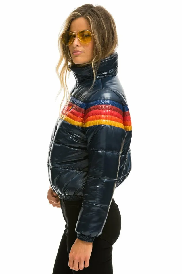 Women 5 STRIPE LUXE APRES PUFFER JACKET 8211 GLOSSY NAVY Aviator Nation Outerwear Women 5 STRIPE LUXE APRES PUFFER JACKET 8211 GLOSSY NAVY Aviator Nation Outerwear