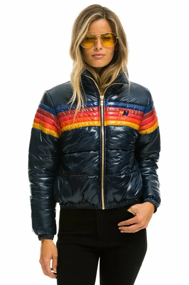 Women 5 STRIPE LUXE APRES PUFFER JACKET 8211 GLOSSY NAVY Aviator Nation Outerwear Women 5 STRIPE LUXE APRES PUFFER JACKET 8211 GLOSSY NAVY Aviator Nation Outerwear