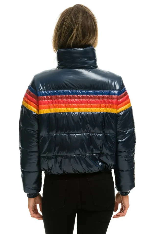 Women 5 STRIPE LUXE APRES PUFFER JACKET 8211 GLOSSY NAVY Aviator Nation Outerwear Women 5 STRIPE LUXE APRES PUFFER JACKET 8211 GLOSSY NAVY Aviator Nation Outerwear