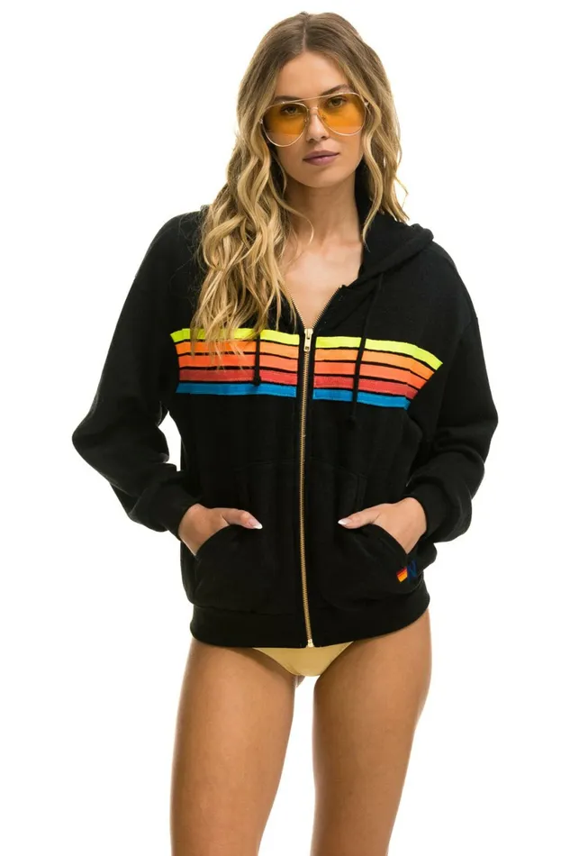 Women 5 STRIPE RELAXED ZIP HOODIE 8211 BLACK NEON RAINBOW Aviator Nation Hoodies