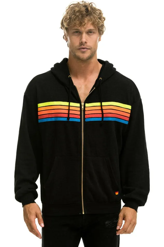 Women 5 STRIPE RELAXED ZIP HOODIE 8211 BLACK NEON RAINBOW Aviator Nation Hoodies Women 5 STRIPE RELAXED ZIP HOODIE 8211 BLACK NEON RAINBOW Aviator Nation Hoodies