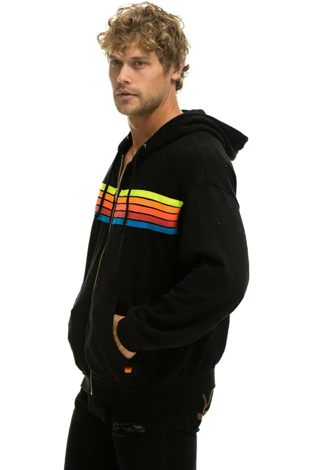 Women 5 STRIPE RELAXED ZIP HOODIE 8211 BLACK NEON RAINBOW Aviator Nation Hoodies Women 5 STRIPE RELAXED ZIP HOODIE 8211 BLACK NEON RAINBOW Aviator Nation Hoodies