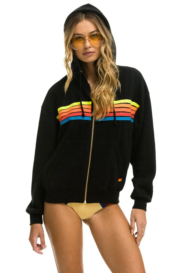Women 5 STRIPE RELAXED ZIP HOODIE 8211 BLACK NEON RAINBOW Aviator Nation Hoodies Women 5 STRIPE RELAXED ZIP HOODIE 8211 BLACK NEON RAINBOW Aviator Nation Hoodies