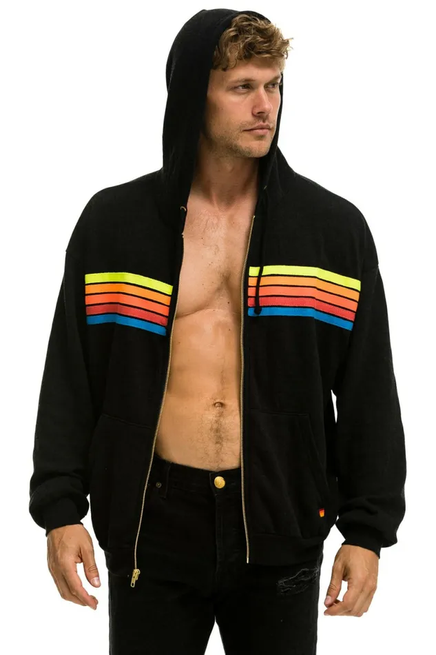Women 5 STRIPE RELAXED ZIP HOODIE 8211 BLACK NEON RAINBOW Aviator Nation Hoodies Women 5 STRIPE RELAXED ZIP HOODIE 8211 BLACK NEON RAINBOW Aviator Nation Hoodies