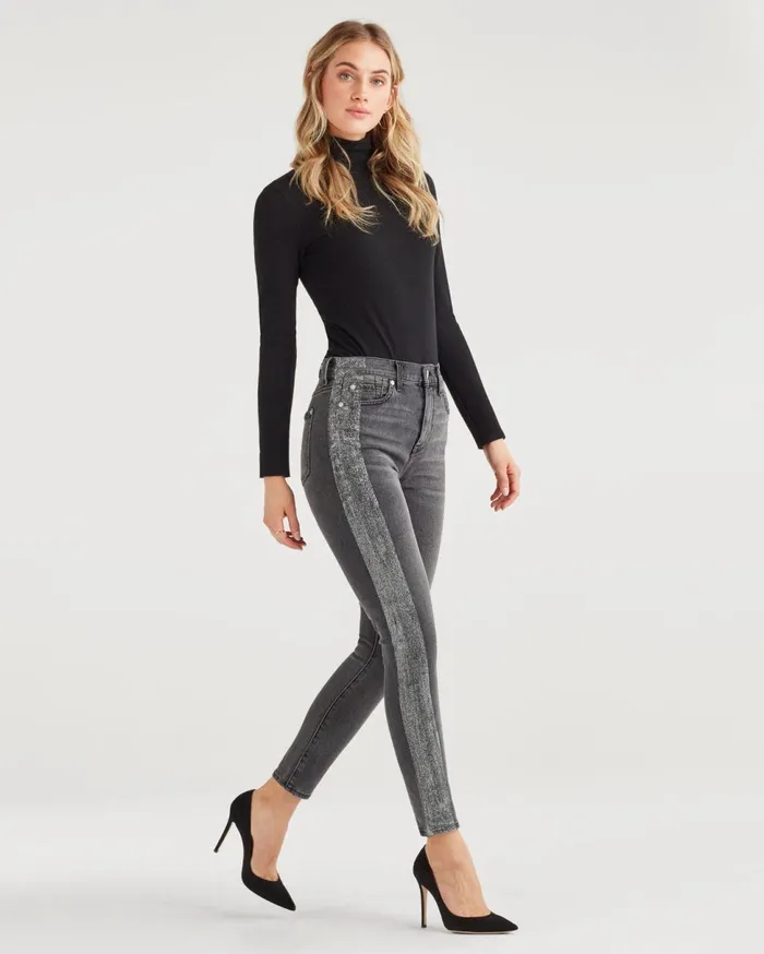 Women 7 For All Mankind Ankle High Waist Ankle Skinny With Metallic Glitter Tux Stripe In Washed Black