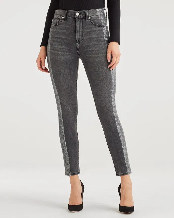 Women 7 For All Mankind Ankle High Waist Ankle Skinny With Metallic Glitter Tux Stripe In Washed Black