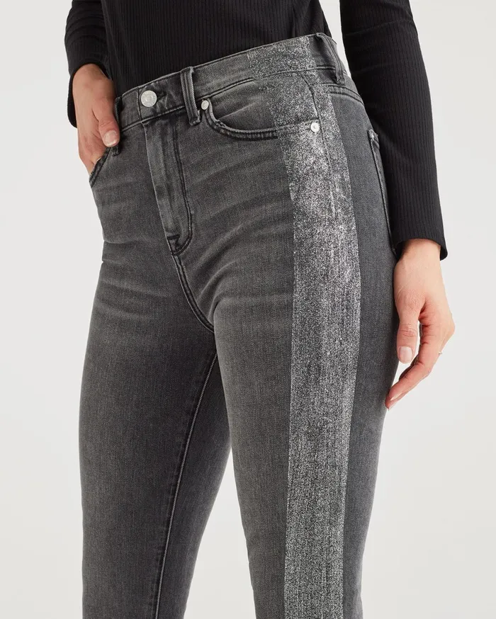 Women 7 For All Mankind Ankle High Waist Ankle Skinny With Metallic Glitter Tux Stripe In Washed Black